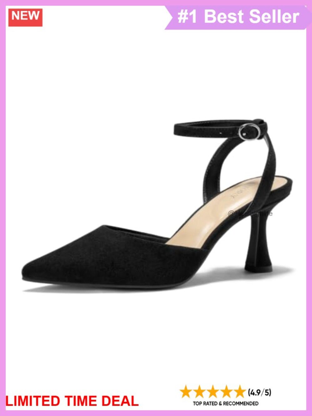Kitten Heel Pointed Toe Backless Pumps with Ankle Strap